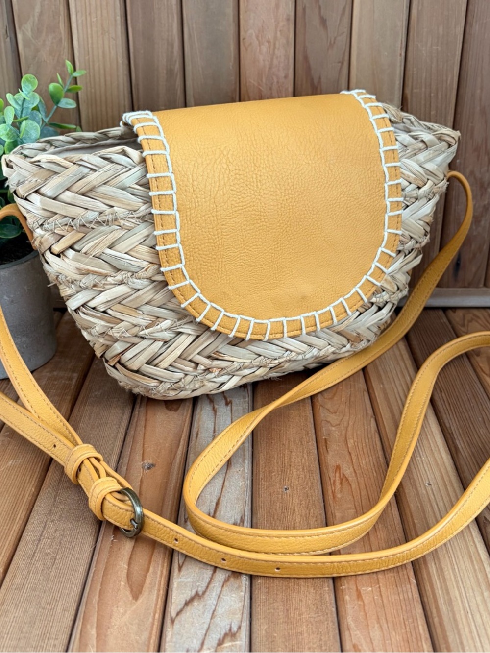 Woven Boho Crossbody Bag Vegan Leather Flap in Bright Yellow - Picture 7 of 8